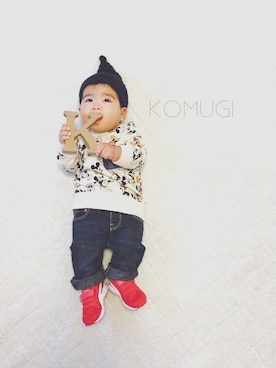 「ミッキーコーデ」｜「アイテム（帽子）」を使った、KOMUGIさん（キッズ・70cm）の秋コーディネート