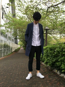 「ノーカラーシャツ」｜「アイテム（チェスターコート）」を使った、terugeさん（メンズ・178cm）の春コーディネート