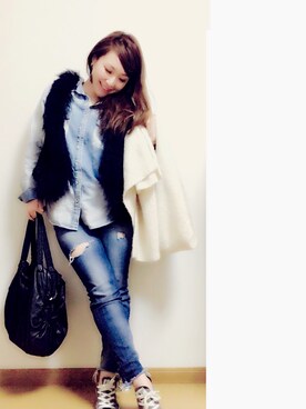 「Ungrid（アングリッド）のフレイドヘムストスリ（デニムパンツ）」を使った、mさん（レディース・151cm）の冬コーディネート