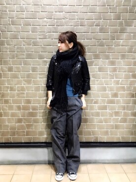 「セリーヌ」｜「アイテム（ライダースジャケット）」を使った、mさん（レディース・151cm）の冬コーディネート