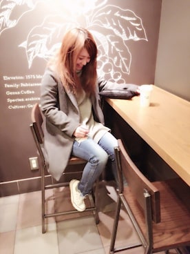 「Ungrid（アングリッド）のフレイドヘムストスリ（デニムパンツ）」を使った、mさん（レディース・151cm）の冬コーディネート