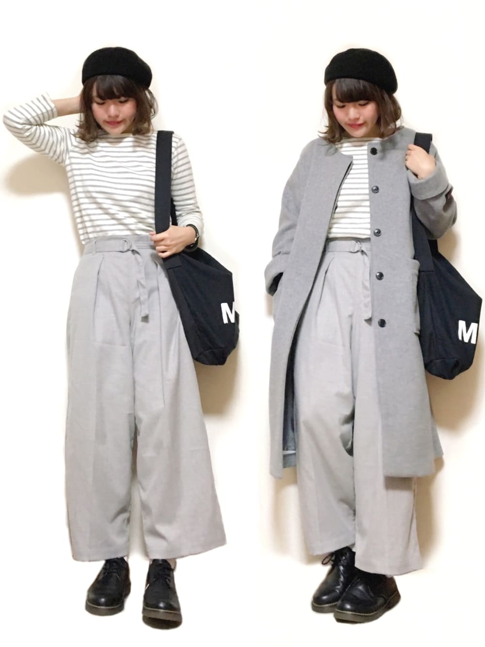 「カジュアル、オールグレー、ボーダートップス、ベレー帽、ノーカラーコート、ワイドパンツ、レースアップシューズ」｜「A part byのcasheep/ドロップノーカラーコート 742837 （その他アウター、グレー系）」を使った、かほこ。さん（レディース・161cm）の冬コーディネートの1枚目の写真