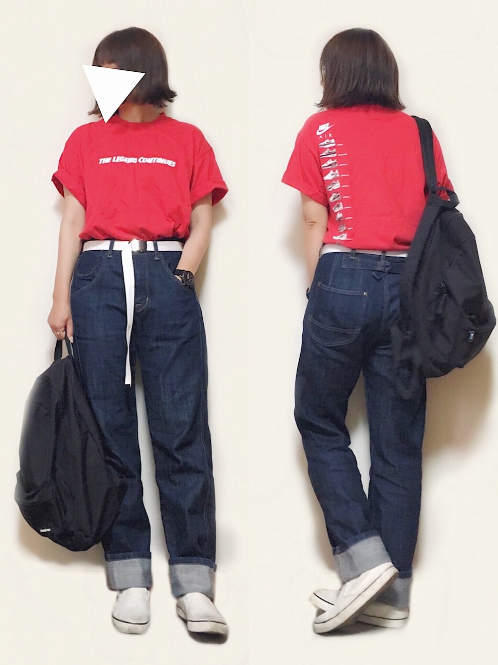 「シンプル、カジュアル、ラフ、メンズライク、ロゴT、デニム、ガチャベルト、リュック、スリッポン」｜「NIKEのアイテム（Tシャツ/カットソー、レッド系）」を使った、かほこ。さん（レディース・161cm）の春コーディネートの1枚目の写真