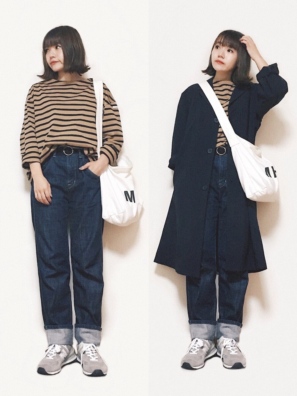「シンプル、カジュアル、ラフ、メンズライク、ボーダー、ロングコート、デニム、ショルダーバッグ、スニーカー」｜「JOURNAL STANDARD relumeの【Vincent et Mireille / バンソン エ ミレイユ】ロングTシャツ#（Tシャツ/カットソー、イエロー系）」を使った、かほこ。さん（レディース・161cm）の秋コーディネートの1枚目の写真