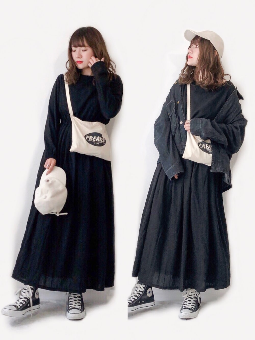 「シンプル、カジュアル、モノトーン、デニムジャケット、ワンピース、サコッシュ、キャップ、ハイカットスニーカー」｜「ISOOKのギャザーコットンロングワンピース（ワンピース、ブラック系）」を使った、かほこ。さん（レディース・161cm）の春コーディネートの1枚目の写真