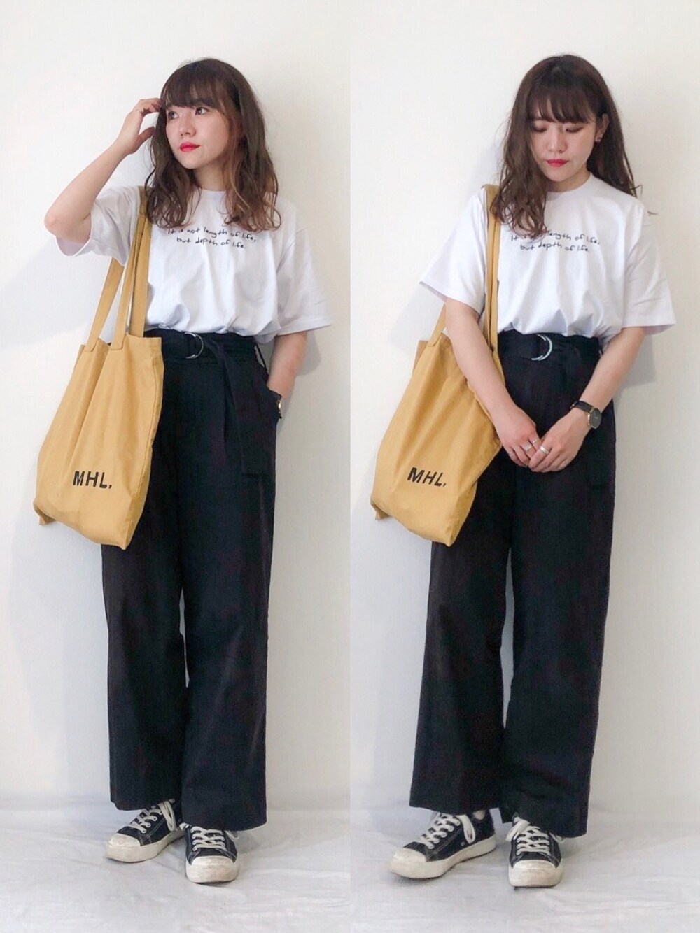 ホワイト系のTシャツ/カットソー、ブラック系のその他パンツ、イエロー系のトートバッグを着用したレディースの夏コーディネートの1枚目の写真