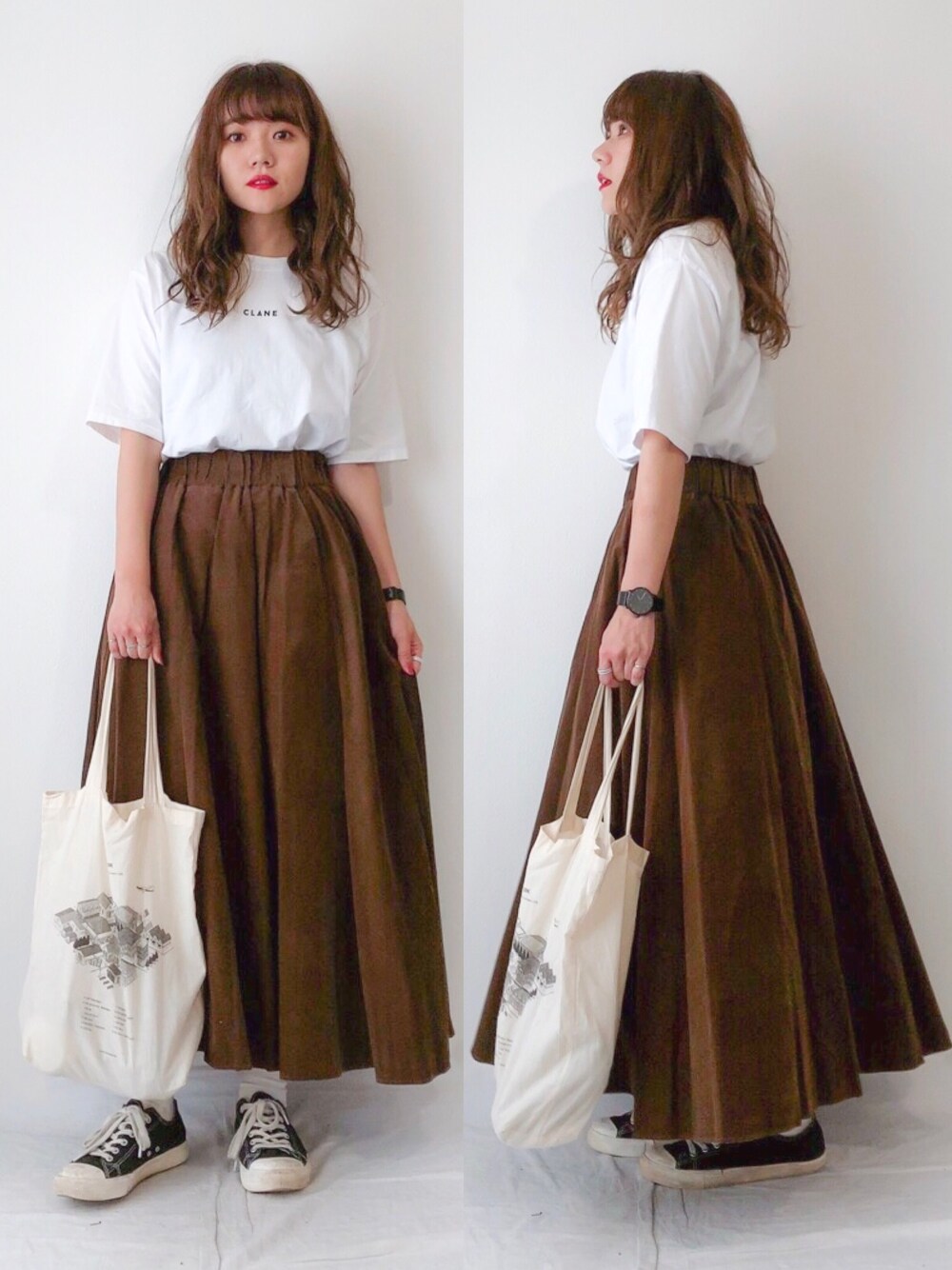 「シンプル、カジュアル、秋のカフェオレコーデ、白Tシャツ、コーデュロイ、フレアスカート、ロングスカート、トートバッグ、白ソックス、スニーカー」｜「JOURNAL STANDARDのシャツコールスカート◆（スカート、ブラウン系）」を使った、かほこ。さん（レディース・161cm）の秋コーディネートの1枚目の写真