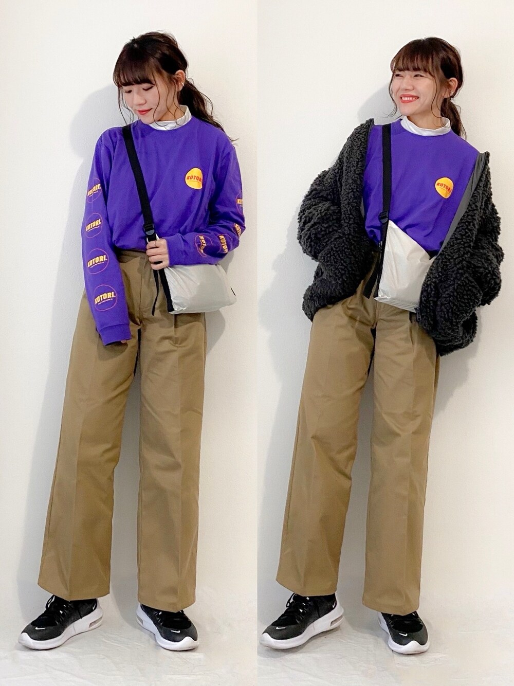 「シンプル、カジュアル、メンズライク、バンドT、ボア、レイヤードスタイル、チノパン、サコッシュ、エアマックス」｜「UNIQLOのソフトタッチタートルネックT（長袖）（Tシャツ/カットソー、ホワイト系）」を使った、かほこ。さん（レディース・161cm）の冬コーディネートの1枚目の写真