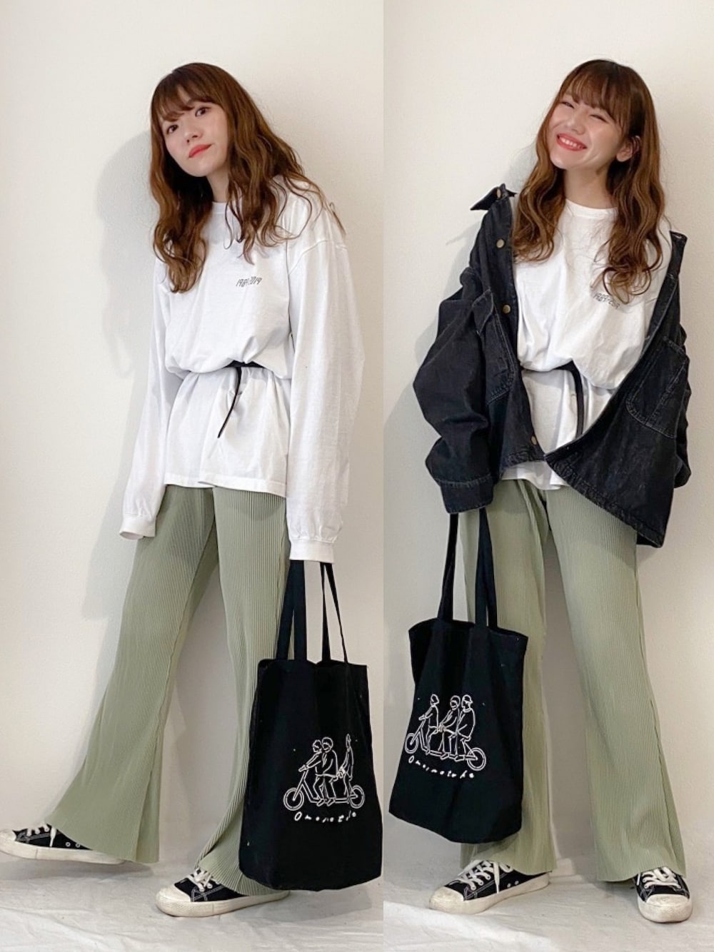 「シンプル、カジュアル、ロンT、リブパンツ、フレアパンツ、デニムジャケット、トートバッグ、スニーカー、春コーデ」｜「もらいもののアイテム（Tシャツ/カットソー、ホワイト系）」を使った、かほこ。さん（レディース・161cm）の冬コーディネートの1枚目の写真