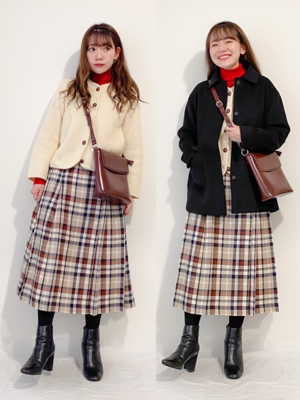 「シンプル、大人ガーリー、カーディガン、タートルネック、チェックスカート、プリーツスカート、ステンカラーコート、ショルダーバッグ、ショートブーツ」｜「UNIQLOのアイテム（ニット/セーター、レッド系）」を使った、かほこ。さん（レディース・161cm）の春コーディネートの1枚目の写真