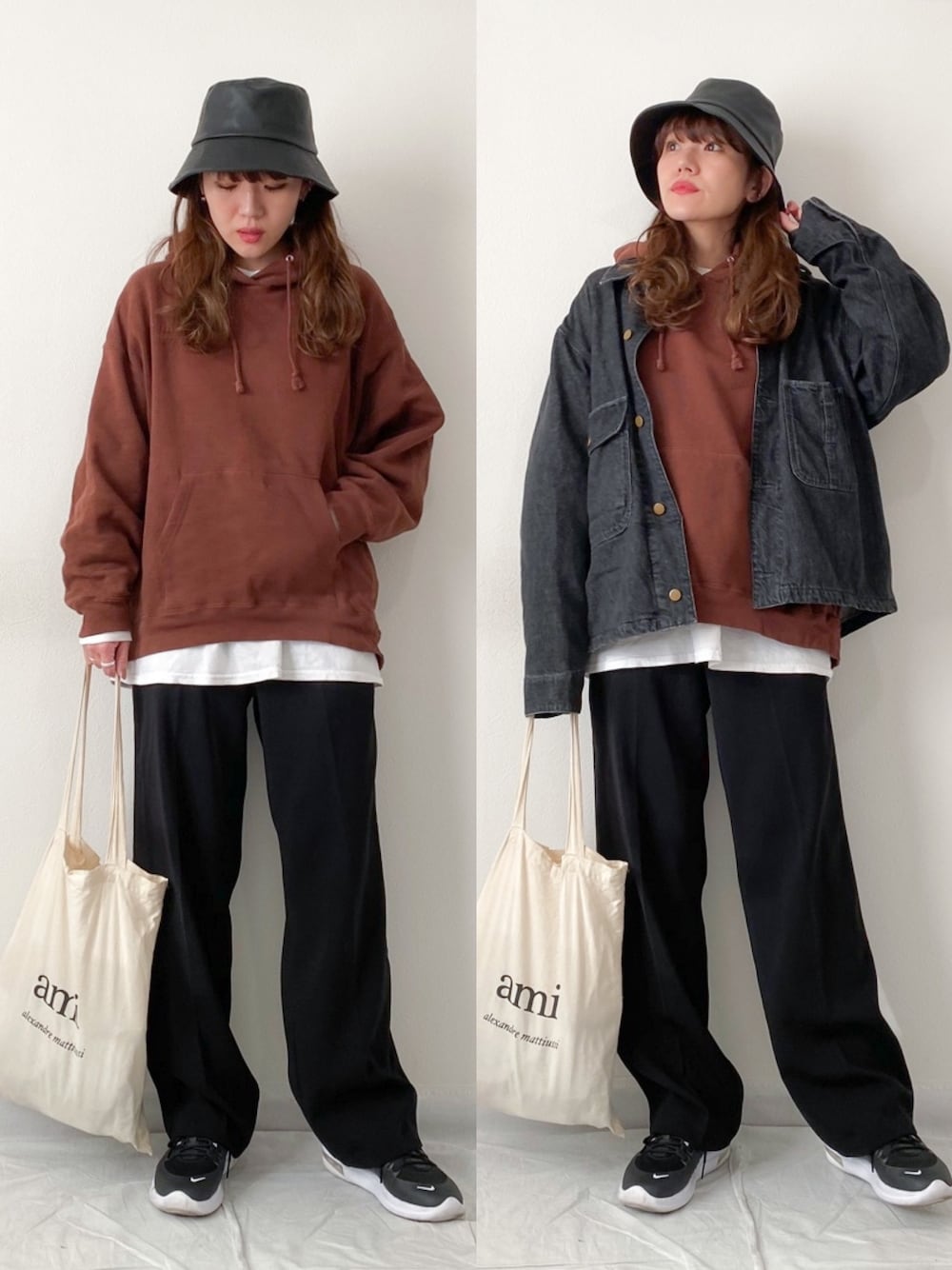 「シンプル、カジュアル、メンズライク、バケットハット、デニムジャケット、パーカー、白Tシャツ、スラックス、トートバッグ、スニーカー」｜「FREAK'S STOREの▽【WEB限定】ヘビーウエイトビッグシルエットスウェットパーカー（パーカー、ブラウン系）」を使った、かほこ。さん（レディース・162cm）の秋コーディネートの1枚目の写真
