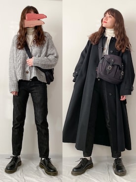 「白ソックス」｜「アイテム（ステンカラーコート）」を使った、かほこ。さん（レディース・162cm）の冬コーディネート