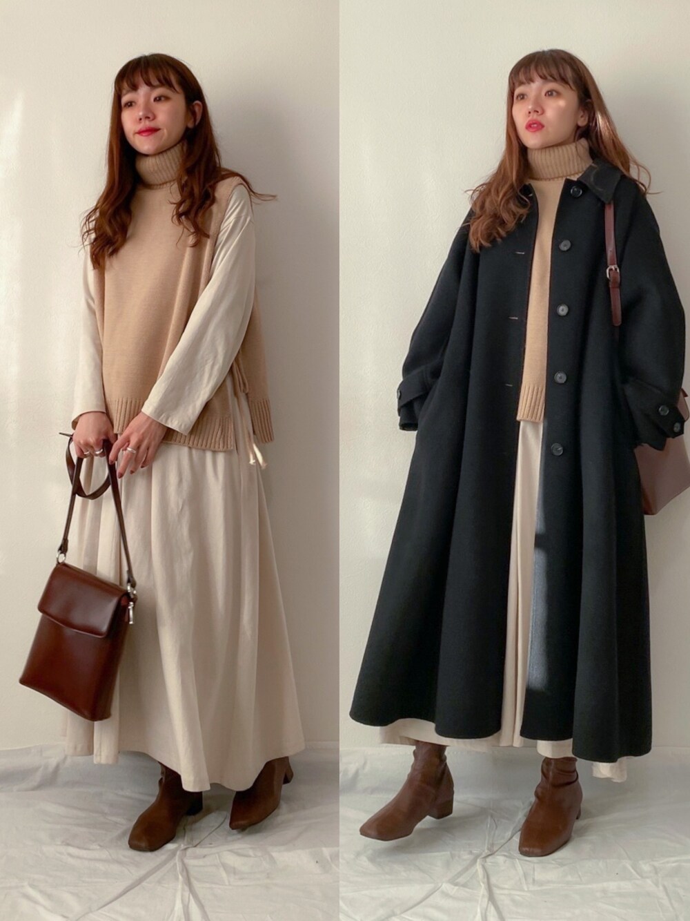 「シンプル、大人カジュアル、ニットベスト、タートルネック、ワンピース、ショルダーバッグ、ショートブーツ、ステンカラーコート、ロングコート」｜「KALENOのアイテム（ワンピース/ドレス、ベージュ系）」を使った、かほこ。さん（レディース・162cm）の冬コーディネートの1枚目の写真