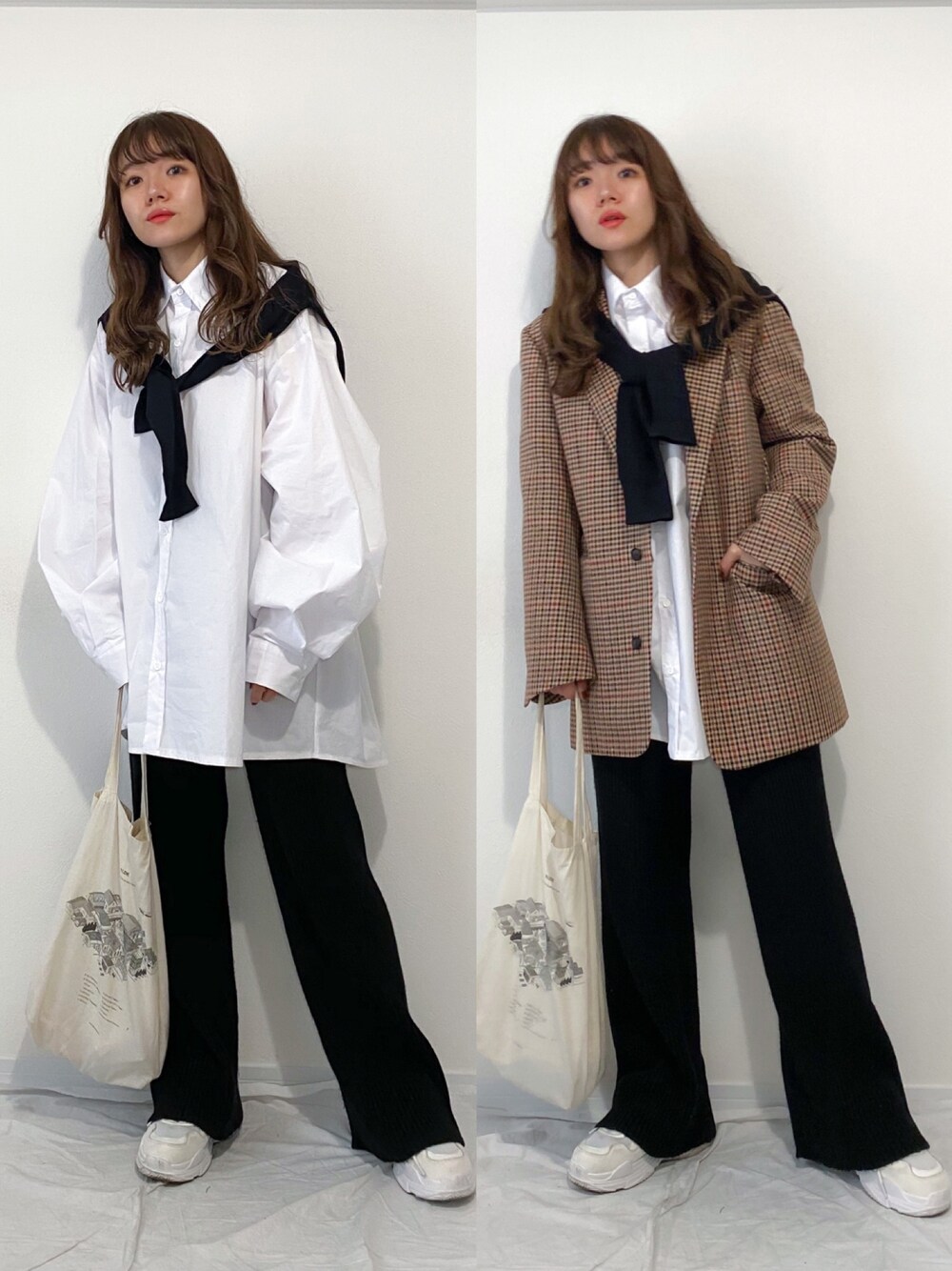「シンプル、大人カジュアル、ジャケット、チェック、白シャツ、オーバーサイズ、フレアパンツ、ニットパンツ、カーディガン、ダッドスニーカー」｜「KALENOのアイテム（シャツ/ブラウス、ホワイト系）」を使った、かほこ。さん（レディース・162cm）の冬コーディネートの1枚目の写真
