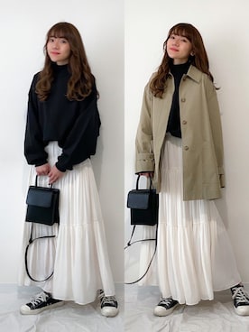 「ティアードスカート」｜「アイテム（トレンチコート）」を使った、かほこ。さん（レディース・162cm）の春コーディネート