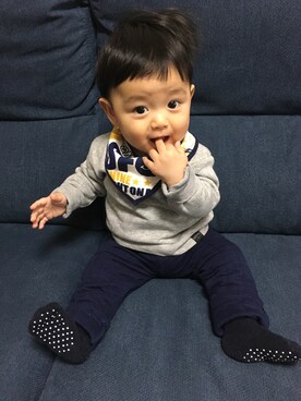 「Moujonjon（ムージョンジョン）のアイテム（その他パンツ）」を使った、machaさん（キッズ・70cm）の秋コーディネート