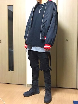 「黒パンツ」｜「アイテム（MA-1）」を使った、Y.Sさん（メンズ・180cm）の秋コーディネート