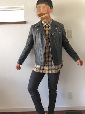 「シンプルおしゃれが好き」｜「アイテム（ライダースジャケット）」を使った、じんさん（メンズ・165cm）の秋コーディネート