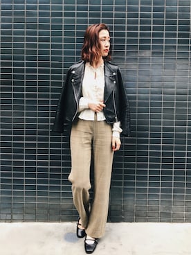 「SLY（スライ）のアイテム（ライダースジャケット）」を使った、mako_sakihisaさん（レディース・156cm）の春コーディネート