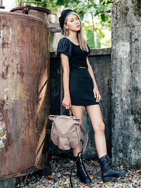 「アイテム（バックパック/リュック、ブラウン系）」を使った、ORIBAGU－折り紙バッグ－さん（レディース・176cm）の夏コーディネート