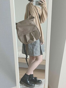 「アイテム（バックパック/リュック、ブラウン系）」を使った、ORIBAGU－折り紙バッグ－さん（レディース・155cm）の秋コーディネート