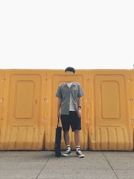 「Champion（チャンピオン）のアイテム（カーゴパンツ）」を使った、走路带风さん（メンズ・165cm）の夏コーディネート