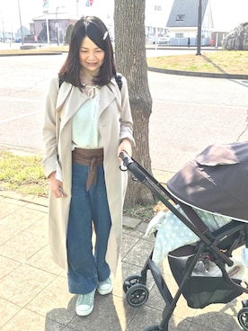 「coen（コーエン）のヴィンテージサテンギャザーブラウス（シャツ/ブラウス、ベージュ系）」を使った、coen ちょざさん（レディース・162cm）の春コーディネート