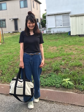 「coen（コーエン）のワイドリブカットソー（Tシャツ/カットソー、ブラック系）」を使った、coen ちょざさん（レディース・162cm）の春コーディネート