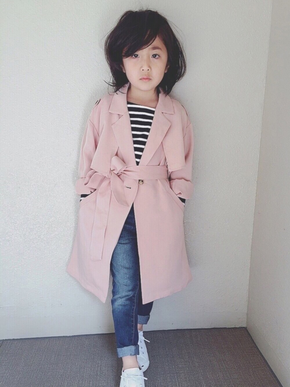 「BRANSHESの【限定】テロンチコート（トレンチコート、ピンク系）」を使った、⁂sooora⁂さん（キッズ・110cm）の春コーディネートの1枚目の写真