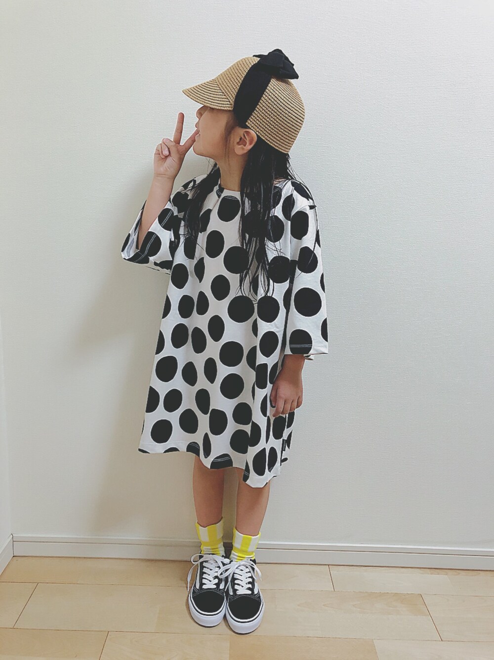 「ユニクロマリメッコ、UNIQLO、マリメッコ、オールドスクール、VANS、ワンピース、リメイク、wolf&rita」｜「とにかくテキトーに縫っただけ🤣のアイテム（その他、その他）」を使った、⁂sooora⁂さん（キッズ・110cm）の春コーディネートの1枚目の写真