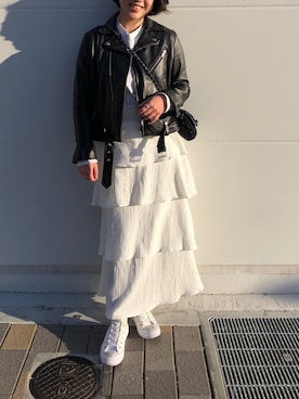 「154cm」｜「アイテム（ライダースジャケット）」を使った、Momokaさん（レディース・154cm）の春コーディネート