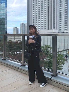 「154cm」｜「アイテム（ライダースジャケット）」を使った、Momokaさん（レディース・154cm）の秋コーディネート