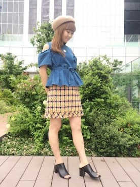 「オープンショルダー」｜「アイテム（ハンチング/ベレー帽）」を使った、DEICYさん（レディース・159cm）の夏コーディネート
