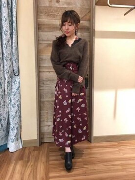 「フラワープリント」｜「アイテム（ブーティ）」を使った、DEICYさん（レディース・153cm）の秋コーディネート