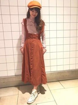 「アイテム（キャスケット、オレンジ系）」を使った、DEICYさん（レディース・160cm）の冬コーディネート