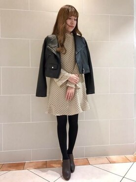 「フレアスリーブ」｜「アイテム（ライダースジャケット）」を使った、DEICYさん（レディース・153cm）の冬コーディネート
