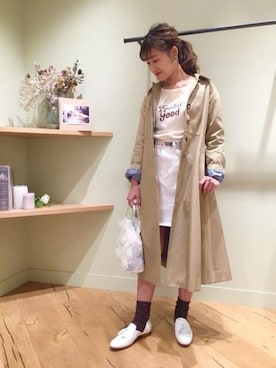 「フレア」｜「アイテム（ステンカラーコート）」を使った、DEICYさん（レディース・157cm）の春コーディネート