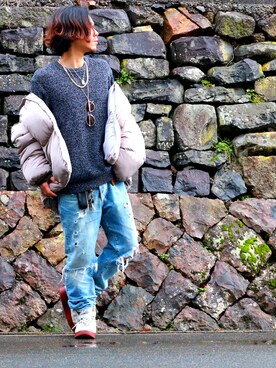 「unrelaxing（アンリラクシング）のアイテム（ダウンジャケット/コート）」を使った、リュウゴさん（メンズ・175cm）の夏コーディネート