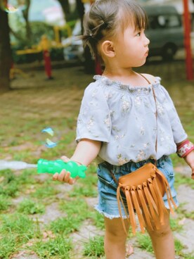 「GLOBAL WORK（グローバルワーク）の【キッズ】デニムコンパクトショーツ/744669（デニムパンツ、ブルー系）」を使った、Tangleleさん（キッズ・90cm）の夏コーディネート