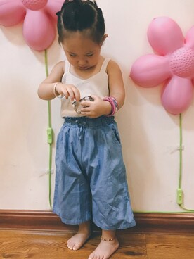 「petit main（プティマイン）のタック入りハイウエストガウチョパンツ（その他パンツ、ブルー系）」を使った、Tangleleさん（キッズ・90cm）の夏コーディネート