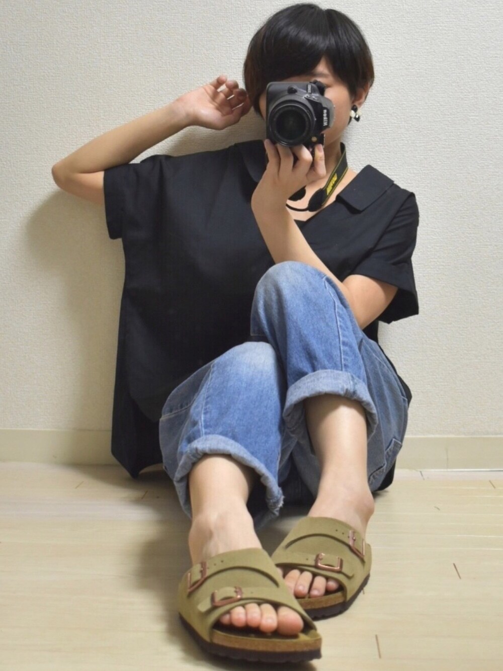 「birkenstock、METALLICSTONES、2018ss、オープンカラーシャツ、古着MIX、ゆるコーデ、ボーイッシュ、レースアップブラウス、雨の日コーデ」｜「BIRKENSTOCKの18SS新作◆ZURICH/チューリッヒ ソフトフットベッド スエードレザー（WOMEN）（サンダル、ベージュ系）」を使った、てんさん（レディース・155cm）の夏コーディネートの1枚目の写真