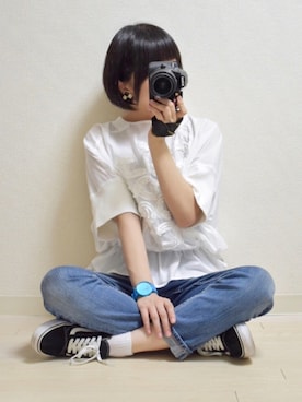 「ぺプラムトップス」｜「アイテム（腕時計）」を使った、てんさん（レディース・155cm）の夏コーディネート