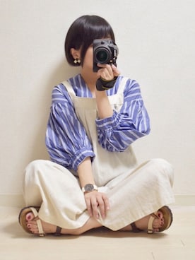 「ストライプワンピース」｜「アイテム（サロペット/オーバーオール）」を使った、てんさん（レディース・155cm）の夏コーディネート