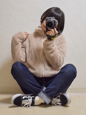 「テーパードデニム」｜「アイテム（その他アウター）」を使った、てんさん（レディース・155cm）の冬コーディネート
