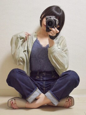 「レースタンク」｜「アイテム（シャツワンピース）」を使った、てんさん（レディース・155cm）の春コーディネート