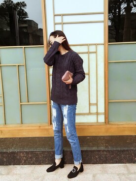 「distressed jeans」｜Joさん（レディース・160cm）の冬コーディネート