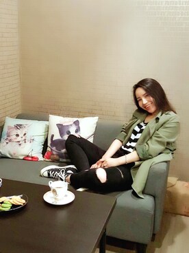 「アイテム（ポンチョ）」を使った、Joさん（レディース・160cm）の秋コーディネート