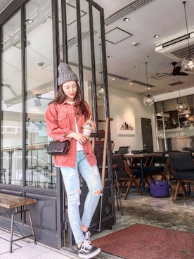 「アイテム（デニムジャケット、ピンク系）」を使った、Joさん（レディース・160cm）の夏コーディネート