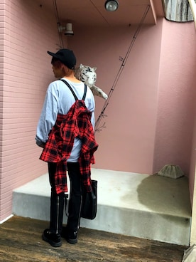 「赤チェック」｜「アイテム（その他シューズ）」を使った、あんころもちさん（メンズ・176cm）の秋コーディネート