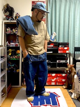 「ポケットＴシャツ」｜「アイテム（サロペット/オーバーオール）」を使った、D丸さん（メンズ・168cm）の夏コーディネート